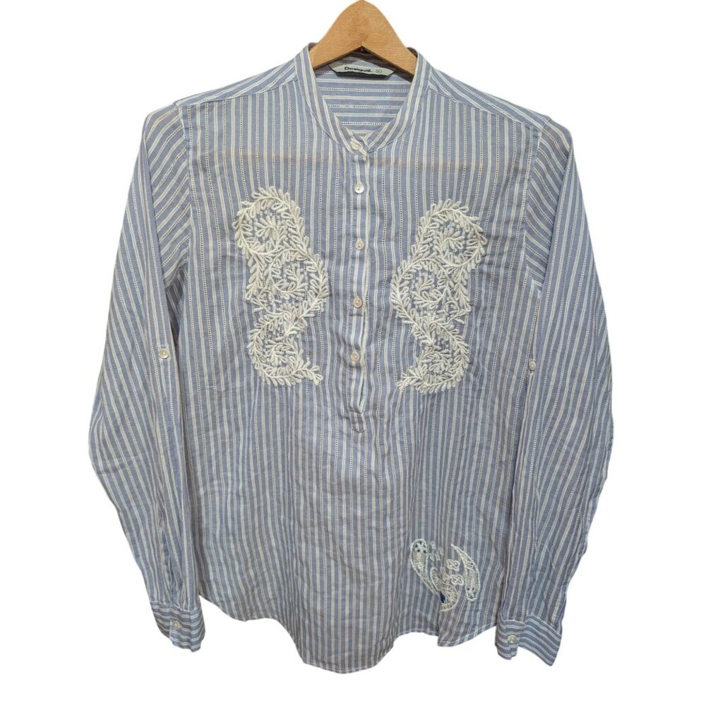 Desigual Blue Striped Button Shirt w/ Embroidered Floral Accents sz XL Slim fit